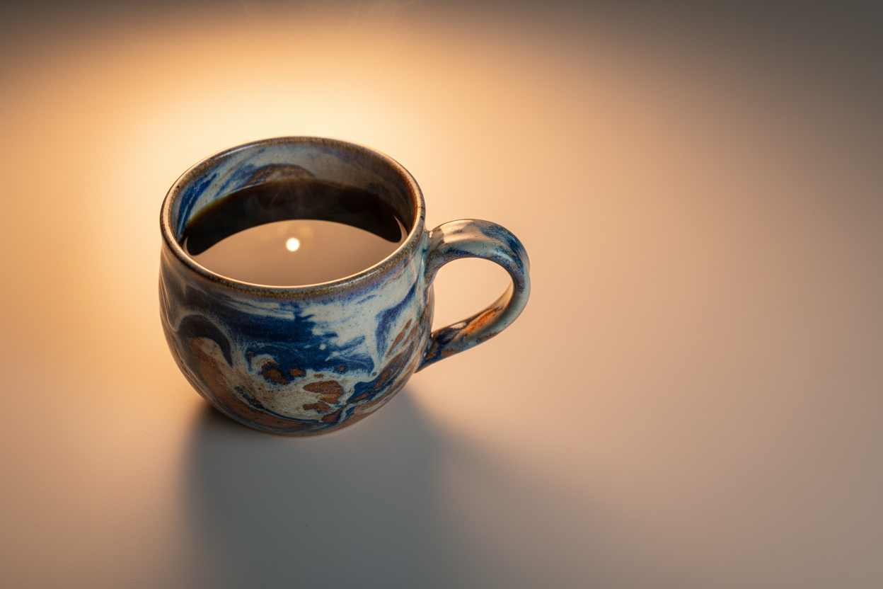 a top down view of a full artistic ceramic coffee mug on a neutral table top. the coffee mug should be on the left. the mug should be backlit