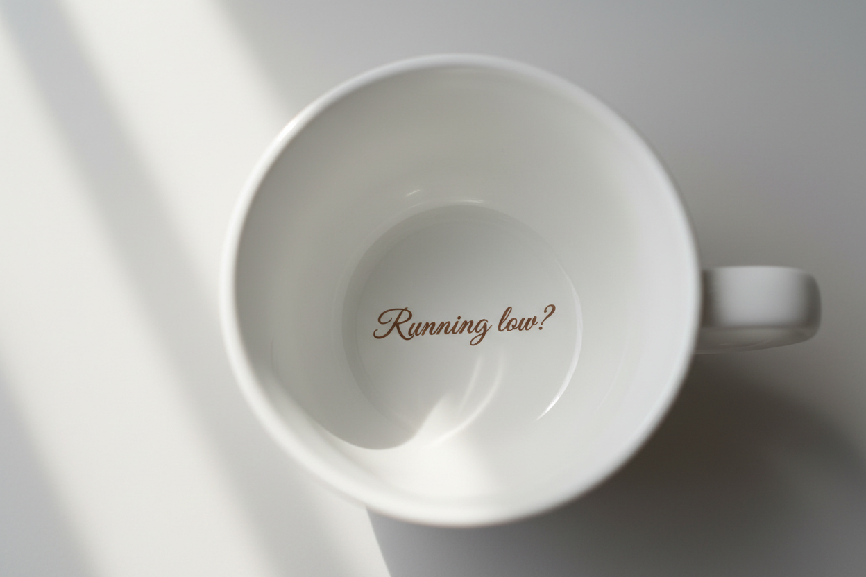 image of an empty coffee cup that has the words "Running low?" printed on it